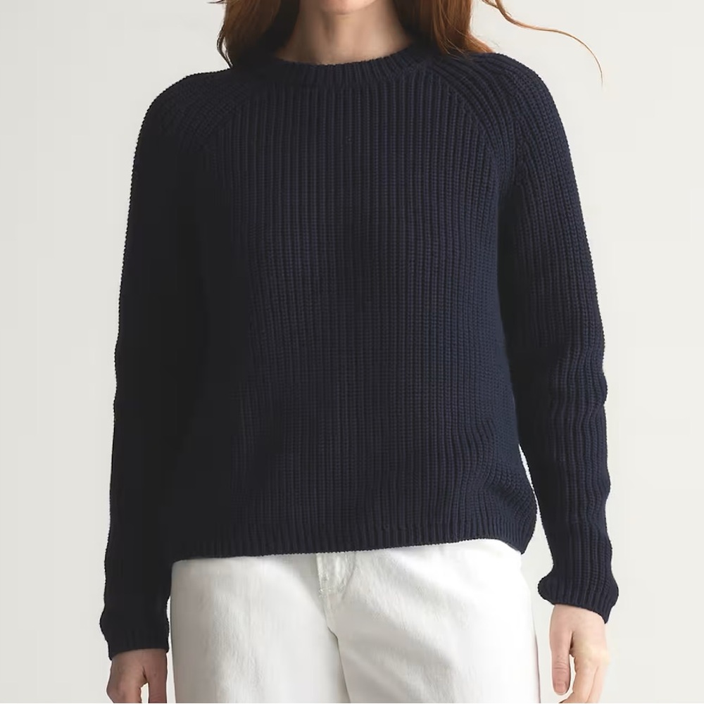 Quince 100% Organic Cotton Heavy Fisherman Knit Navy Crew Neck Sweater MSRP $110